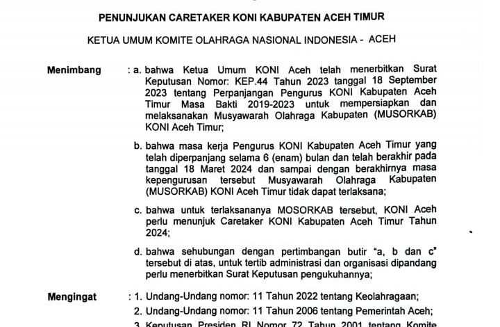 SK CARATEKER KONI ACEH TIMUR